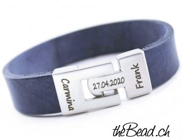 blue Leather bracelet with engraved clasp