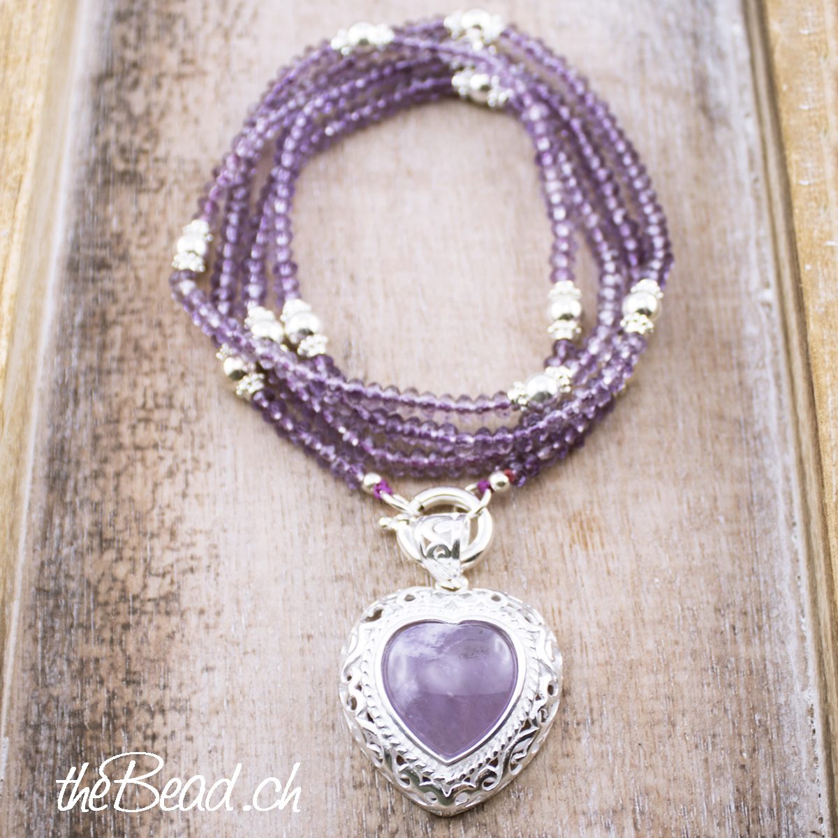 Herzanhänger Perlenkette AMETHYST mit Silberperlen