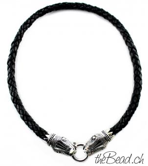 braided leather necklace 8mm, snake vs snake made of 925 sterling silver