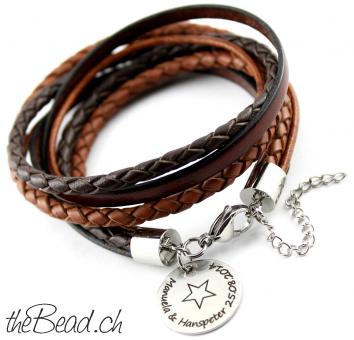 men leather bracelet with engraved pendant