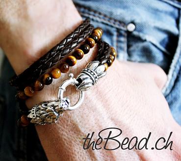 925er Silber LÖWEN - Männer-Luxusarmband mit TIGERAUGEN-Perlen  Wickelarmband swiss made by thebead
