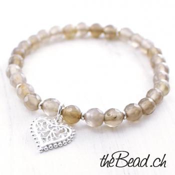 Silber HERZCHEN Armband mit Achat - Perlen