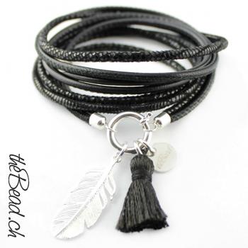 Wrap leather bracelet with feather and tassel pendant