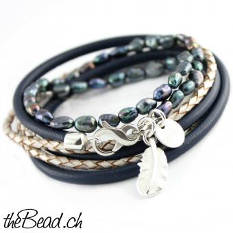 Damen Lederarmband BLUE PEARL mit Feder Anhänger