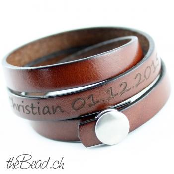 Lederarmband No. 3 mit Druckknopf graviert mit Wunschtext, auch Innengravur!