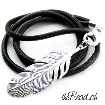 Lederhalskette mit XL FEDER Anhänger 925 Sterling Silber