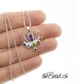 Preview: Silberhalskette CHAKRA LOTUS mit echten Steinen, schöne Geschenkidee! Preview: Chakra Silberschmuck OM anhänger Halskette Geschenkidee