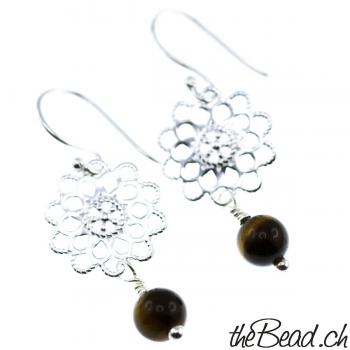 tiger eye silver earrings  3.5 cm