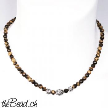 tiger eye beads necklace with 925 sterling silver