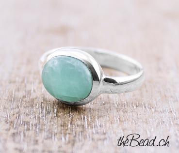 women silver finger ring made of 925 sterling silver and amazonite