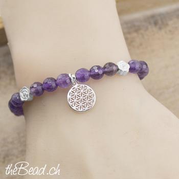 Preview: Armband mit BLUME des LEBENS Anhänger & Amethyst Preview: Amethyst Achat armband mit Blume des Lebens Anhänger