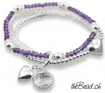 Perlenarmbänder HERZEN mit Bergkristall, Amethyst & Silber