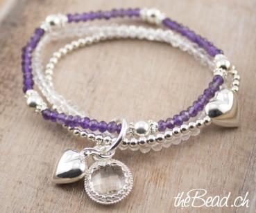 Perlenarmbänder HERZEN mit Bergkristall, Amethyst & Silber