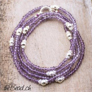 amethyst facettiert mit 925 Silber Perlen Kette