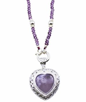 Halskette mit Herz aus AMETHYST sowie AMETHYST & Silber Perlen, 85 cm lang!