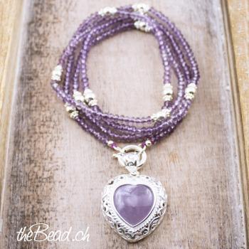 amethyst facettiert mit 925 Silber Perlen Kette schwarz