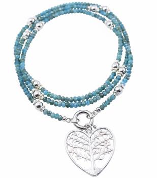 Halskette mit APATIT, Silberperlen & LEBENSBAUM Anhänger