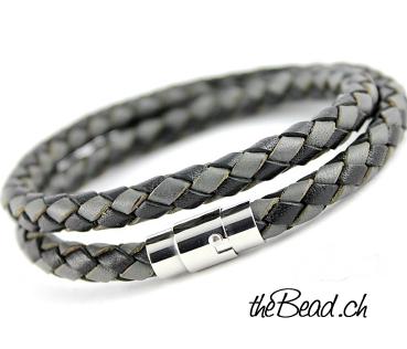 Cooles, zweifarbig geflochtenes Lederarmband SCHWARZ / GRAU