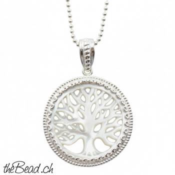 hübsche Silberhalskette mit LEBENSBAUM aus Perlmutt