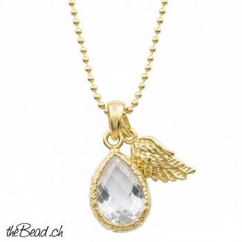 Halskette mit BERGKRISTALL & FLÜGEL Anhänger, vergoldet