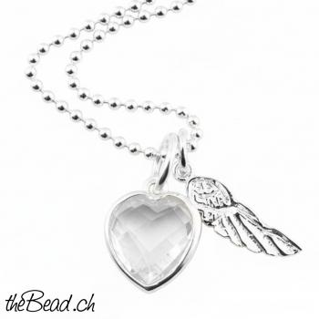 Silberschmuck Halskette Silber mit Bergkristall HERZ & FEDER