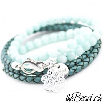 Women leather bracelet with amazonite