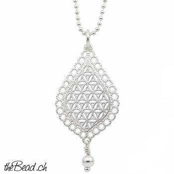 Silberhalskette mit BLUME DES LEBENS Tropfen Anhänger