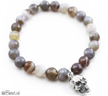 Armband Silber TOTENKOPF & Botswana Achat