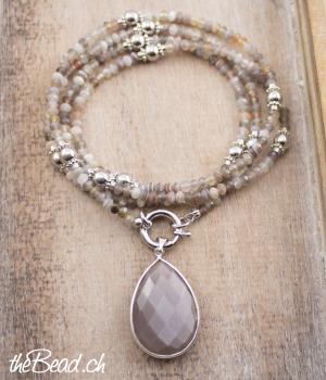 agate silver necklace with chocolate moonstone pendant