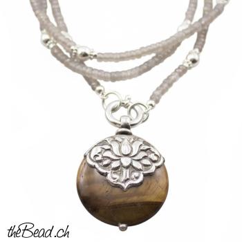 Halskette aus ACHAT & Tigerauge Anhänger, 85 cm lang!