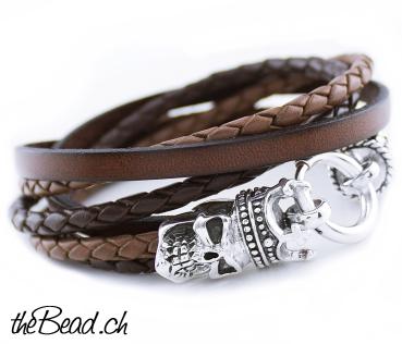 Braunes Herren Lederarmband TOTENKOPF