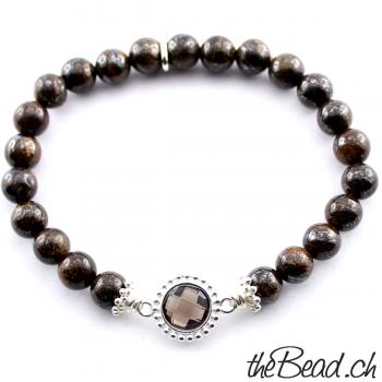 bracelet with smoky quarz, bronzite & Sterling Silver