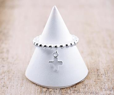 Preview: Silber Damen Fingerring mit KREUZ Anhänger Preview: kreuz fingerring und silberring mit herz