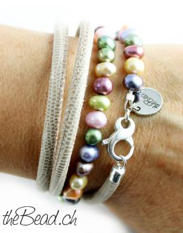 Leather Bracelet with colorful pearls