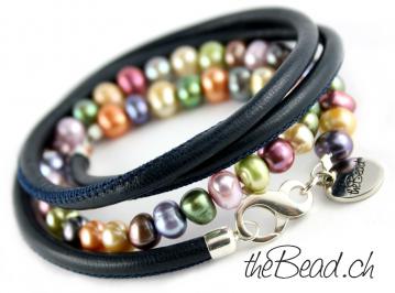 Leather Bracelet with colorful pearls