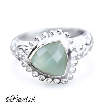 Preview: Damen Fingerring 925 Sterling Silber mit AQUA ACHAT Preview: verspielter Damenring und Edelsteinring aqua achat