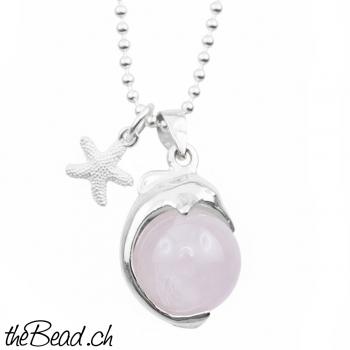 Silberkette DELFIN & SEESTERN Anhänger mit Rosenquarz Kugel