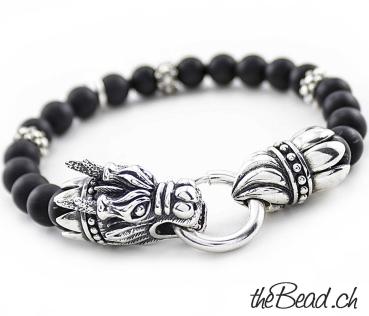 schwarze matte achat armband mit tiger kopf verschluss aus silber