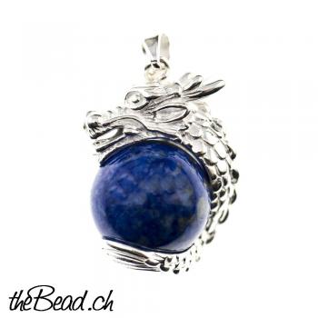 Silber Drachen Anhänger mit Lapislazuli Kugel