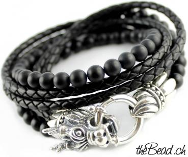 drachen Verschluss Armband aus 925 silber und leder sowie achat perlen handmade by thebead