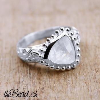 women silver finger ring made of 925 sterling silver and moonstone