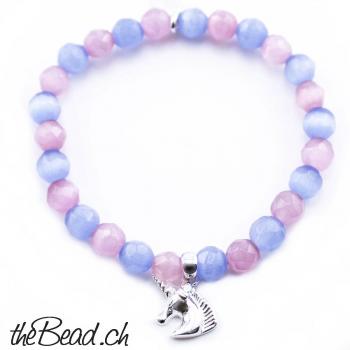 Mädchen Perlenarmband EINHORN, süsse rosa/blaue Perlen