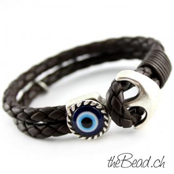 Lederarmband EVIL EYE mit dunkelbraunem Leder