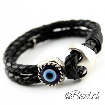 Lederarmband EVIL EYE mit schwarzem Leder