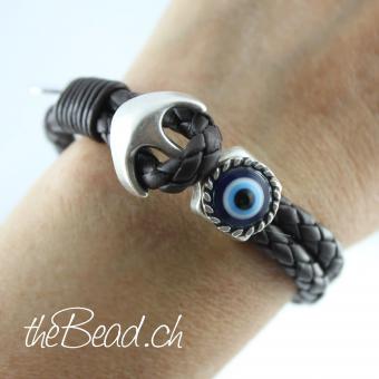 Böse Blicke Abwehr Evil Eye Armband aus Leder mit Anker von thebead aus der Schweiz Schmuck Onlineshop