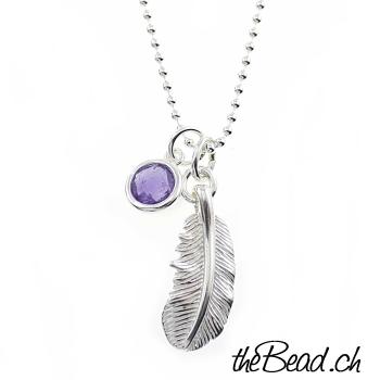 ballchain 925 sterling silver with feather and gemstone pendant