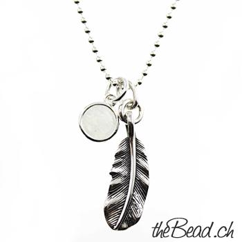 ballchain 925 sterling silver with feather and gemstone pendant