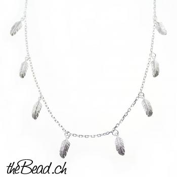 Feather necklace silver, with leather necklace