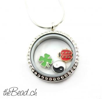 Preview: Glücks - Hufeisen mit Glitzersteinchen, zum Einlegen in LA VIE Medaillon Preview: Kleeblatt Glücksbringer für Glas medaillon Anhänger