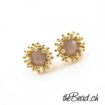 silver made and gold plated chocolate moonstone earrings